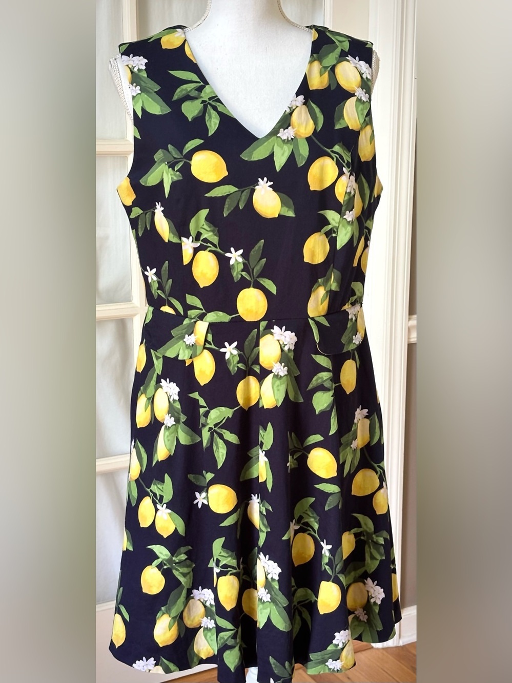 Chetta B Lemon Print Fit Flare Dress Pockets Black Cotton Stretch Size 12